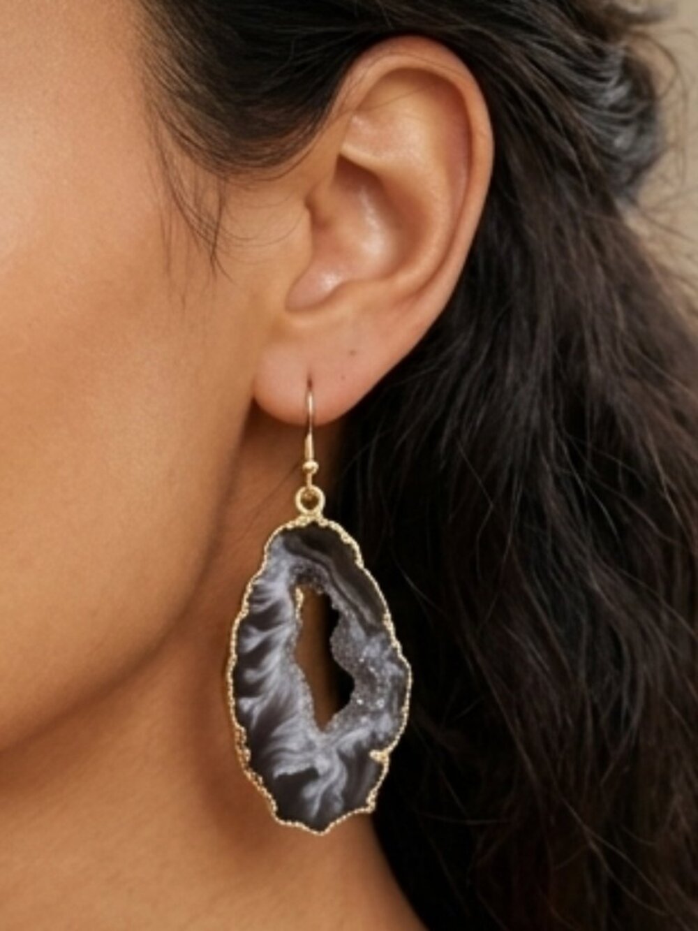 Gold and Black Geode Drop Earrings